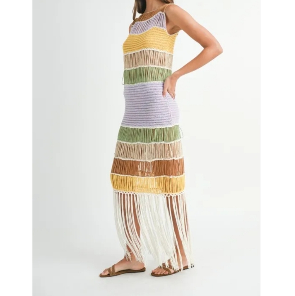NWT Mable Crochet Knit Multicolor Striped Fringe Maxi Dress L - Picture 4 of 8